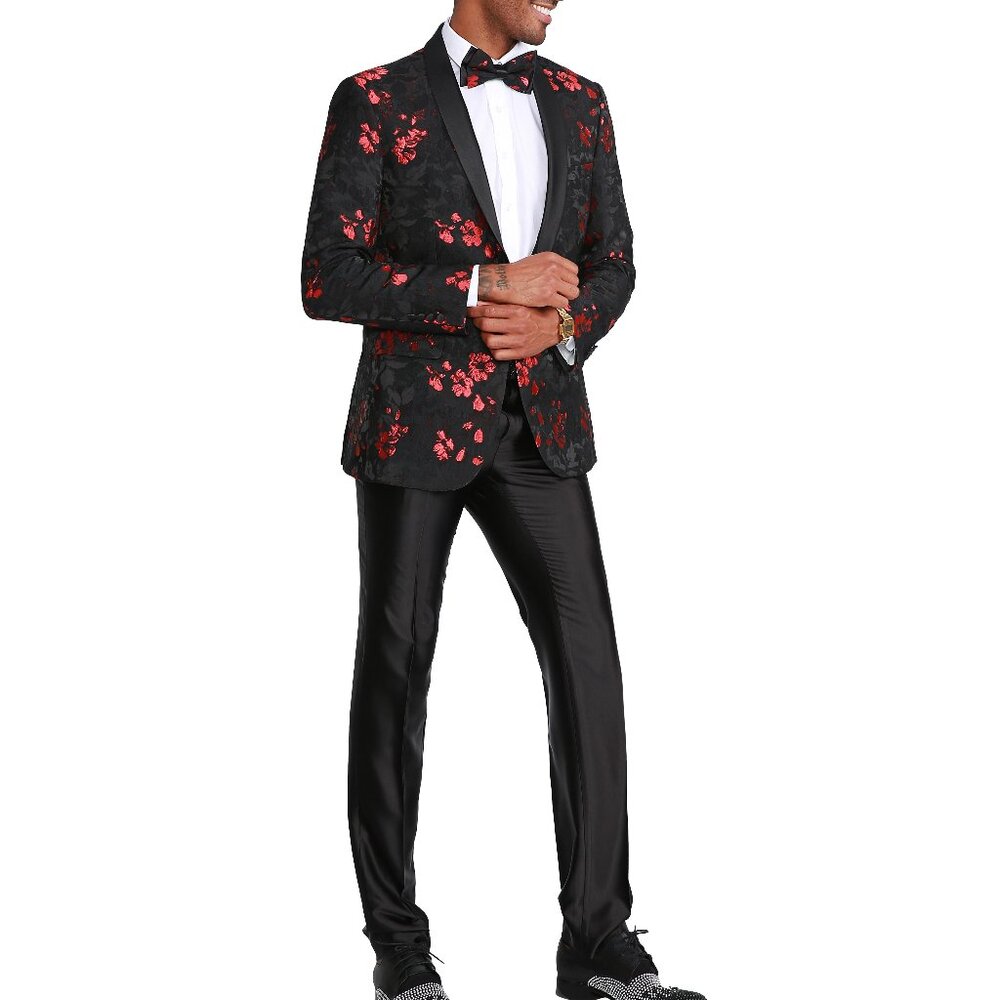 Black With Red Floral Satin Shawl Collar Slim Fit Men's Jacket